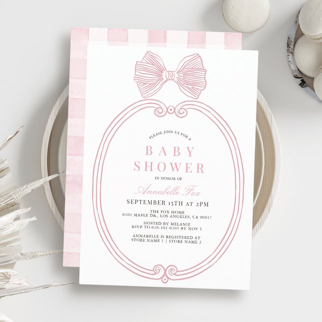 Coquette Pink Bow Ribbon Frame Girl Baby Shower Invitation (Creator Uploaded)
