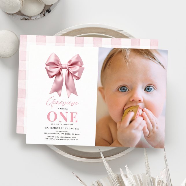Coquette Pink Bow Ribbon Girl 1st Birthday Photo Invitation (Creator Uploaded)