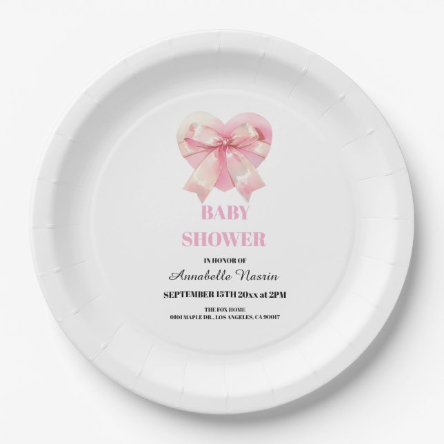 Coquette Pink Bow Ribbon Girl Baby Shower Paper Plate (Front)
