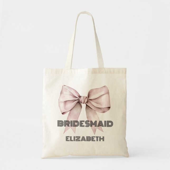 Coquette pink Bow Ribbon Personalised Bridesmaid  Tote Bag (Front)