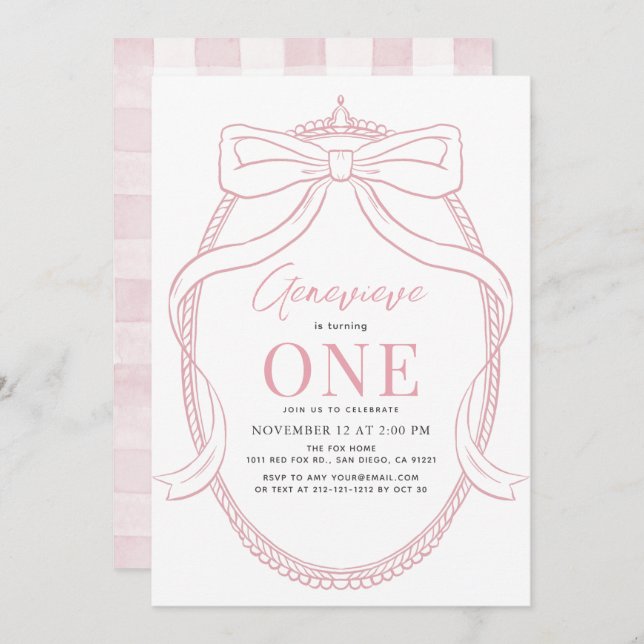 Coquette Pink Bow/Ribbon Tiara Girl 1st Birthday Invitation (Front/Back)