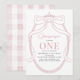 Coquette Pink Bow/Ribbon Tiara Girl 1st Birthday Invitation
