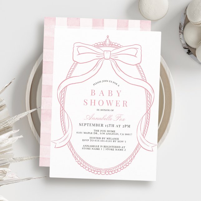Coquette Pink Bow/Ribbon Tiara Girl Baby Shower Invitation (Creator Uploaded)