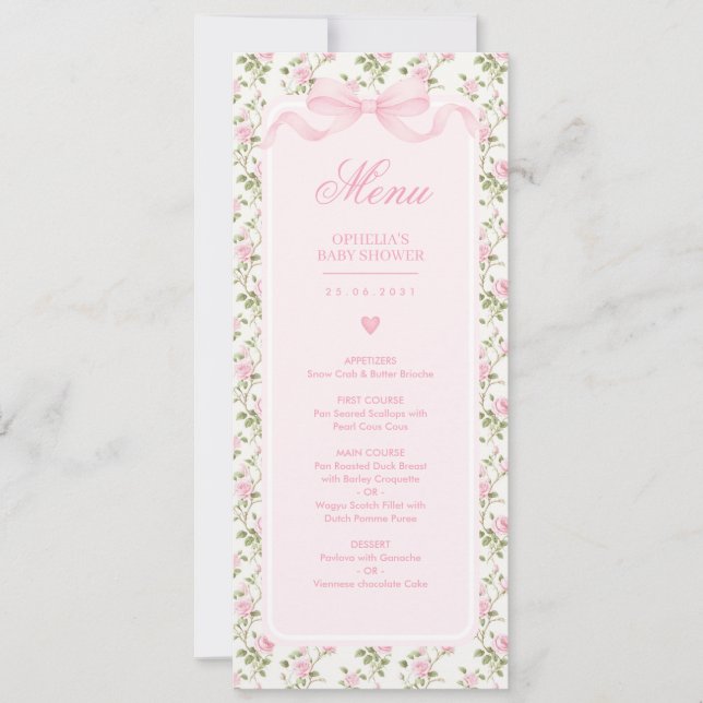 Coquette Pink Bow Roses Baby Shower Menu Invitation (Front)