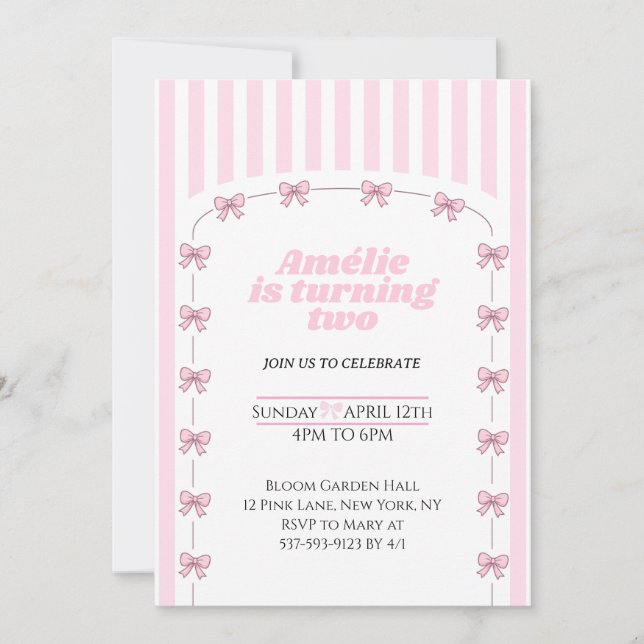 Coquette Pink Bow Second Birthday Party Invitation (Front)