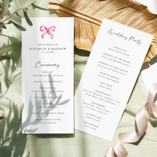 Coquette Pink Bow Simple Wedding Ceremony Program  (Creator Uploaded)