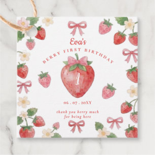 Coquette Pink Bow Strawberry Berry First Birthday Favour Tags