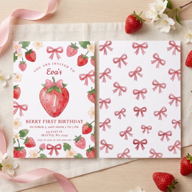 Coquette Pink Bow Strawberry Berry First Birthday Invitation (Coquette Pink Bow Strawberry Berry First Birthday Invitation)