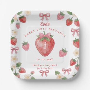 Coquette Pink Bow Strawberry Berry First Birthday Paper Plate