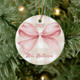 Coquette Pink Bow Teacher Custom Christmas Ceramic Tree Decoration
