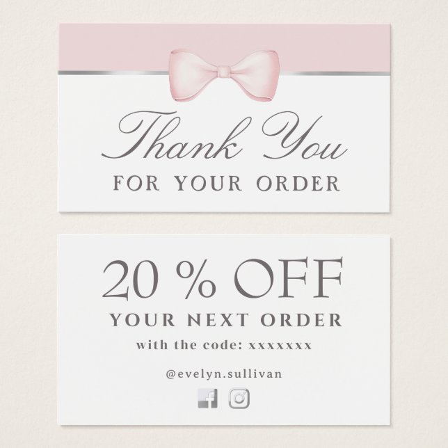 Coquette pink bow thank you discount card (Front & Back)