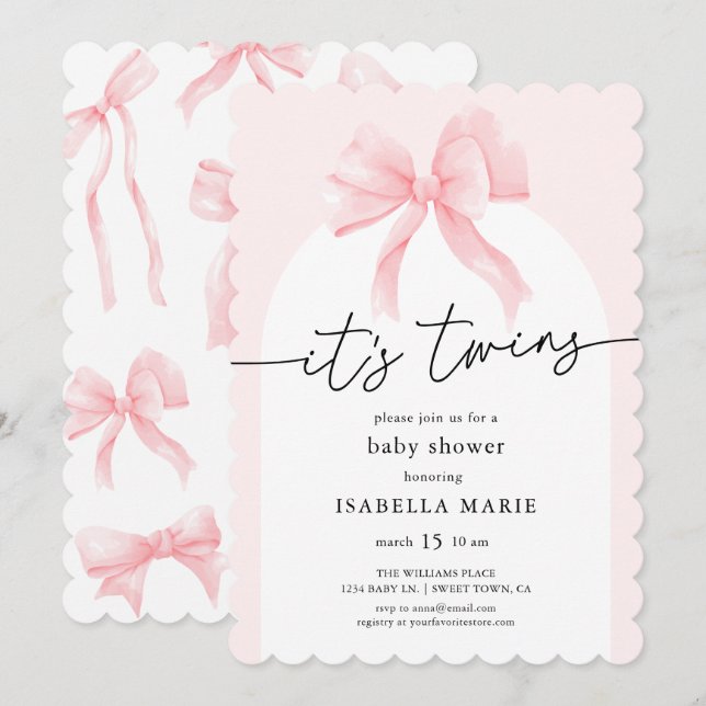 Coquette Pink Bow Twins Baby Shower Invitation (Front/Back)