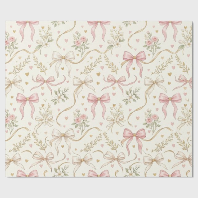 Coquette Pink Bow & Vintage Botanic wrapping paper (Flat)