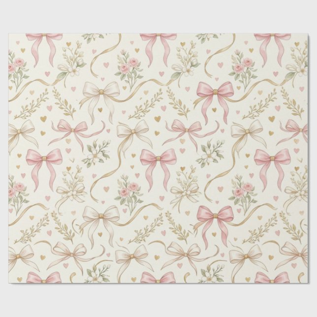 Coquette Pink Bow & Vintage Botanic wrapping paper (Flat)