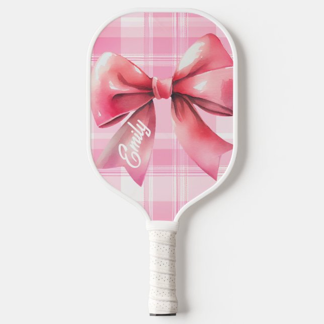 Coquette Pink Bow Watercolor Plaid Name Pickleball Paddle (Front)