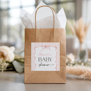 Coquette Pink Bow Wavy Stripe Girl Baby Shower Square Sticker