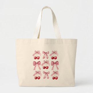 Coquette Pink Bows and Cherries Watercolor Aesthet Large Tote Bag