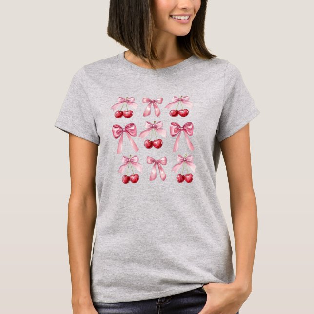 Coquette Pink Bows and Cherries Watercolor Aesthet T-Shirt (Front)
