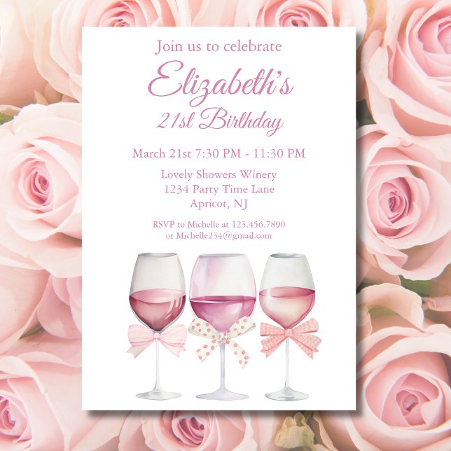 Coquette Pink Bows and Wine 21st Birthday Invitation (Creator Uploaded)