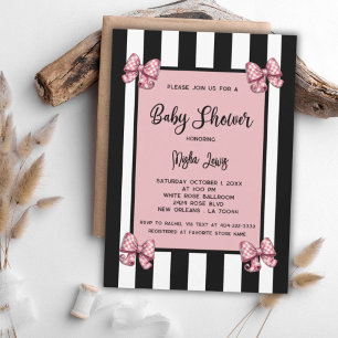 Coquette Pink Bows Black Stripe Baby Shower Invitation