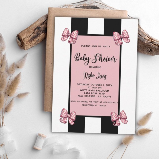 Coquette Pink Bows Black Stripe Baby Shower Invitation (Creator Uploaded)