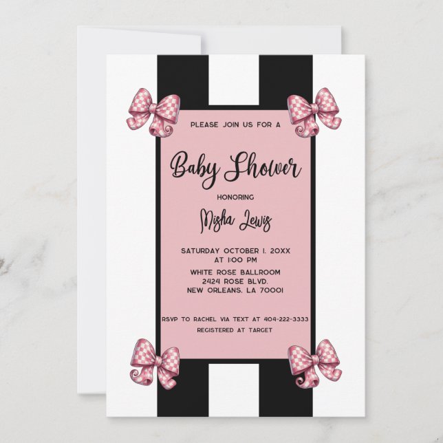 Coquette Pink Bows Black Stripe Baby Shower Invitation (Front)