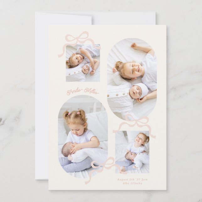 coquette pink bows collage 4 photo Girl baby Announcement (Front)