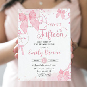 Coquette Pink Bows Pearls Sweet Fifteen Birthday Invitation
