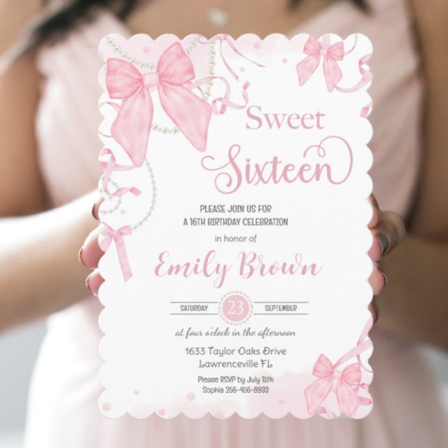 Coquette Pink Bows Pearls Sweet Sixteen Birthday Invitation (Creator Uploaded)