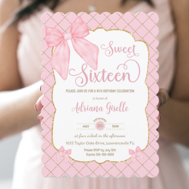 Coquette Pink Bows Sweet Sixteen 16 16th Birthday Invitation (Creator Uploaded)