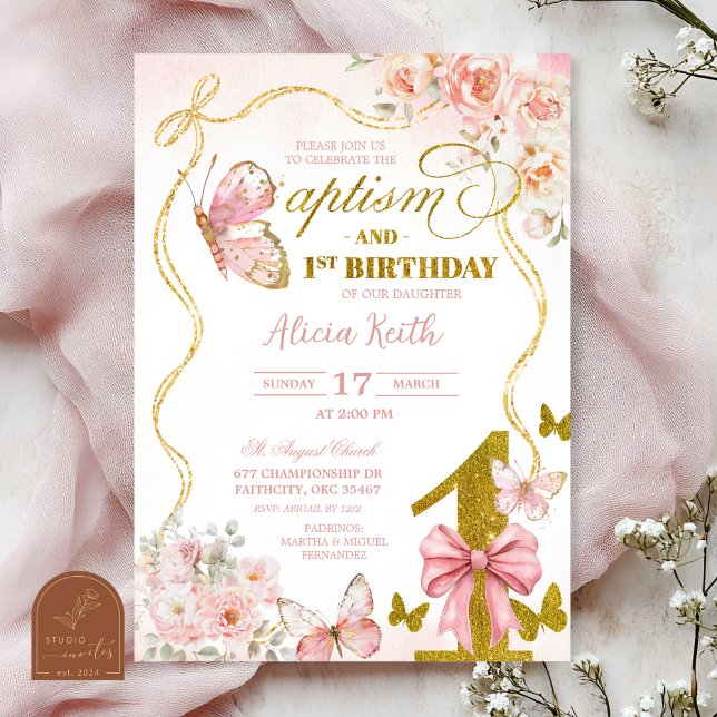 Coquette Pink Butterfly baptism and first birthday Invitation (Creator Uploaded)