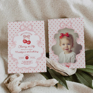 Coquette Pink Cherry On Top Girl 1st Birthday Invitation