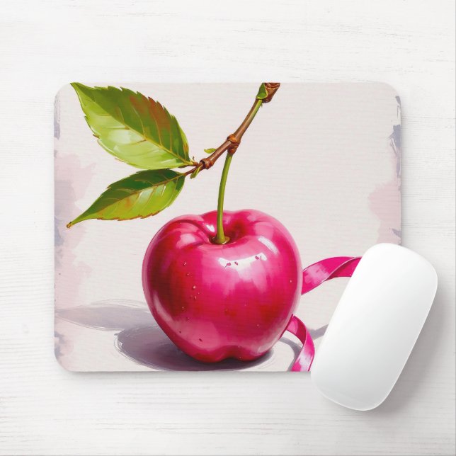 Coquette Pink Cherry with Leaves and Ribbon Mouse Pad (With Mouse)