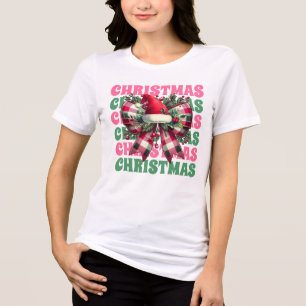 Coquette Pink Christmas Santa Bow Tri-Blend Shirt
