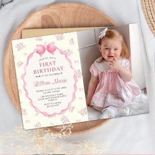 Coquette Pink Floral Bow Birthday Photo Invitation