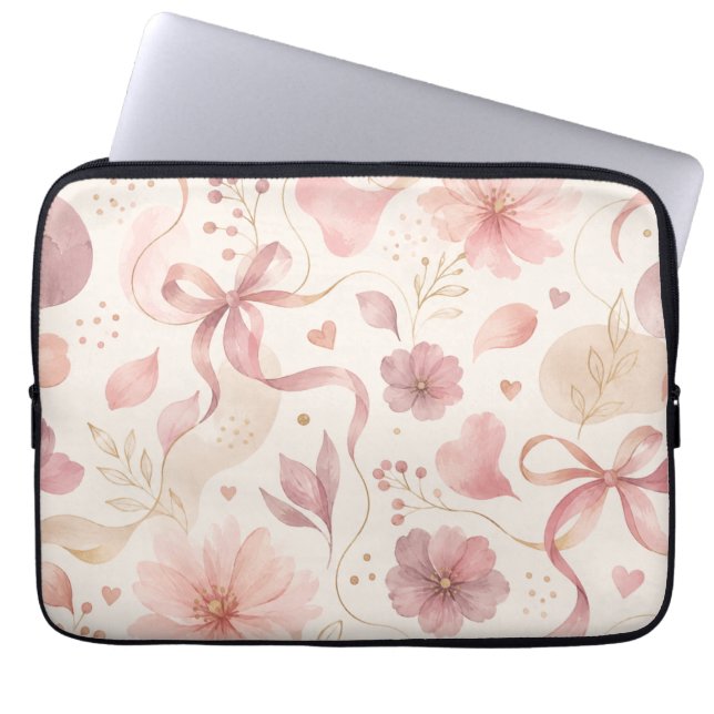 Coquette Pink Floral Bow Laptop Sleeve (Front)