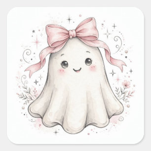 Coquette Pink Ghost First Birthday Paper Plates Square Sticker
