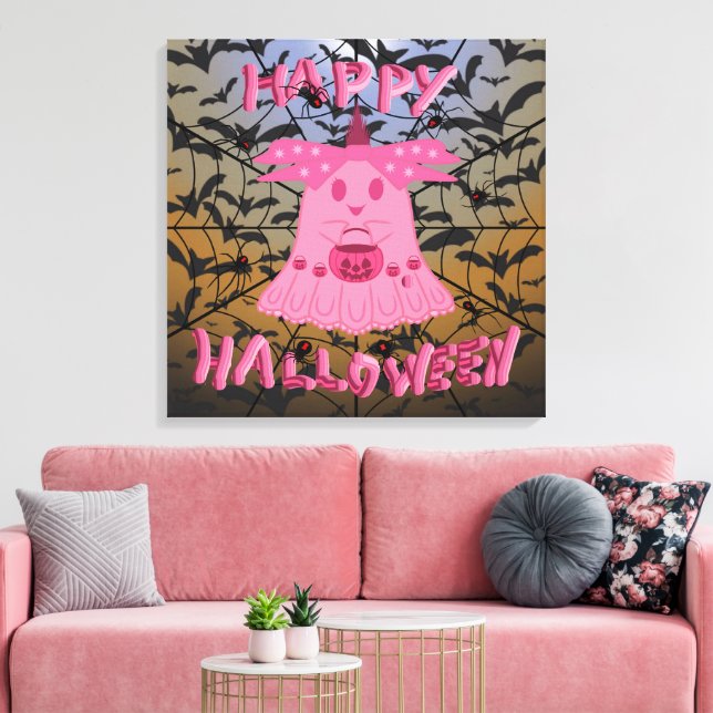 Coquette Pink Ghost Happy Halloween Digital Art Canvas Print (Insitu(LivingRoom))