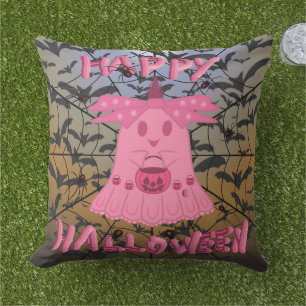 Coquette Pink Ghost Happy Halloween Digital Art Cushion