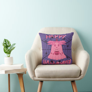 Coquette Pink Ghost Happy Halloween Digital Art Cushion