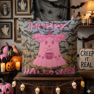 Coquette Pink Ghost Happy Halloween Digital Art Cushion