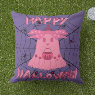 Coquette Pink Ghost Happy Halloween Digital Art Cushion