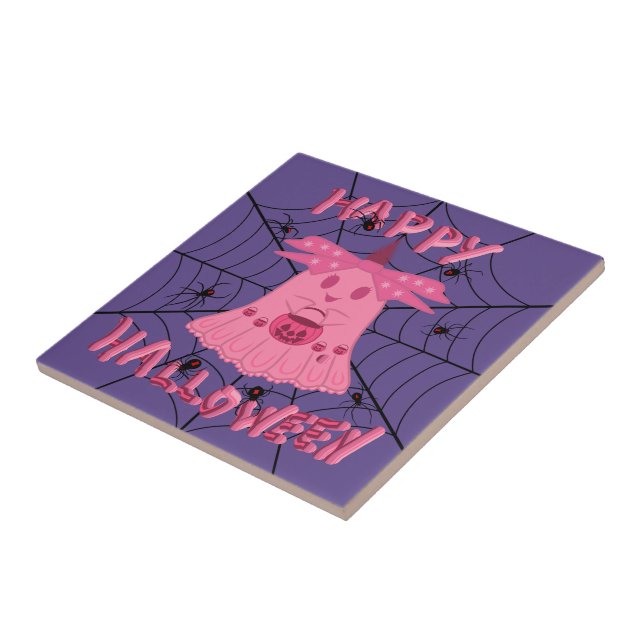 Coquette Pink Ghost Happy Halloween Digital Art Tile (Side)
