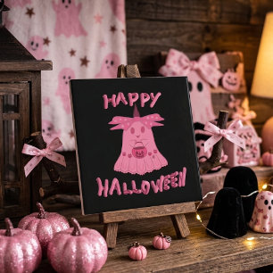 Coquette Pink Ghost Happy Halloween Digital Art Tile