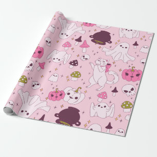 coquette pink halloween witch cat ghost skull  wrapping paper