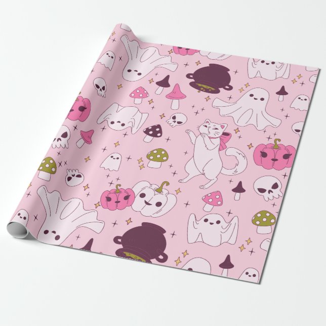 coquette pink halloween witch cat ghost skull  wrapping paper (Unrolled)