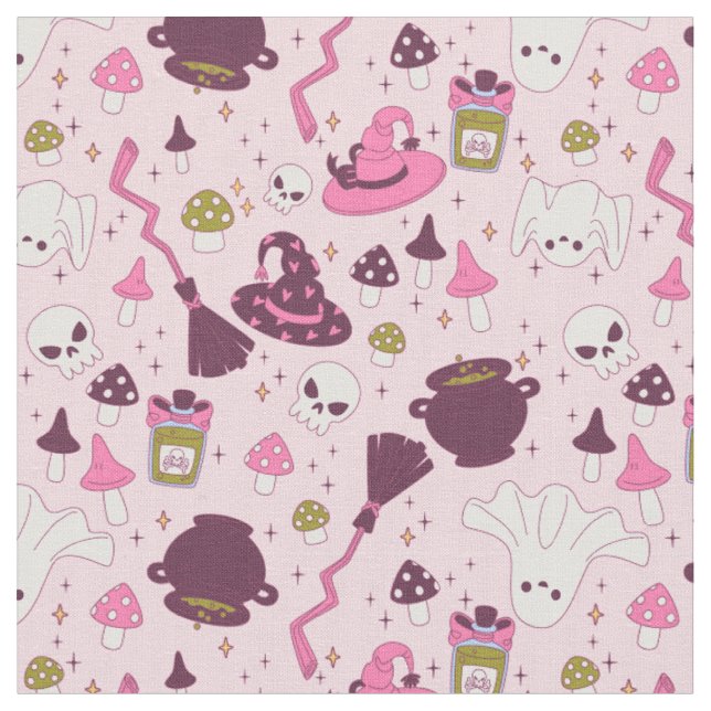 coquette pink halloween witch cauldron hat broom fabric (Close Up)