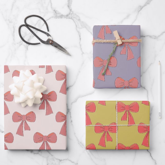 Coquette pink hand drawn bow pattern  wrapping paper sheet (Front)