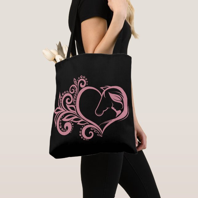 Coquette Pink Heart Horse Girl Feminine Elegant Tote Bag (Close Up)