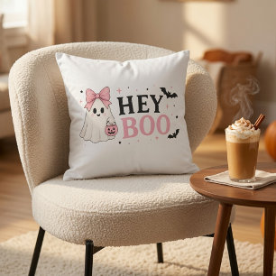 Coquette Pink Hey Boo Ghost Halloween Cushion